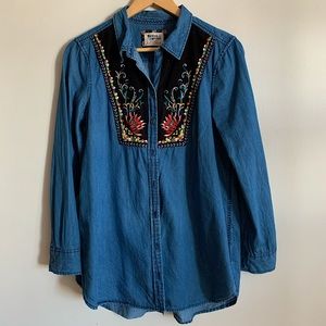 Anthropologie Holding Horses Embroidered Chambray Shirt